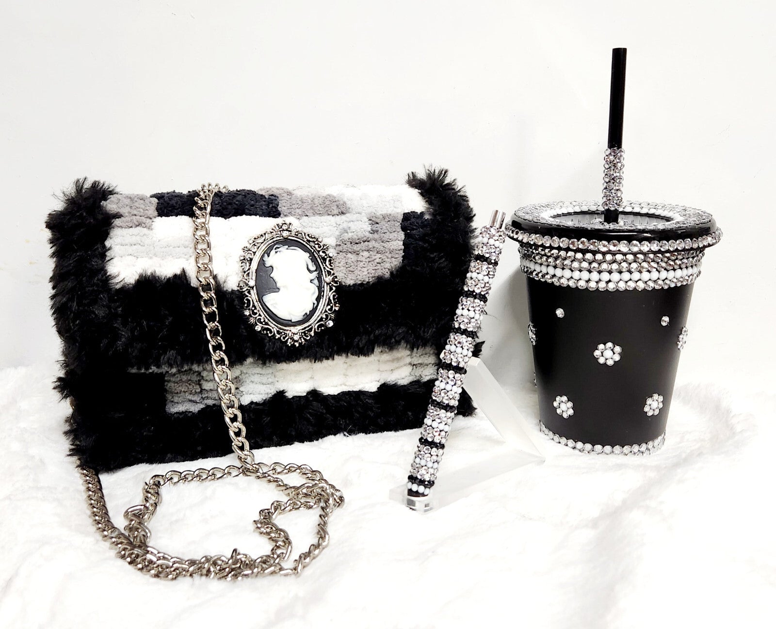 Handmade Plastic Canvas Purse, Pen, Tumbler