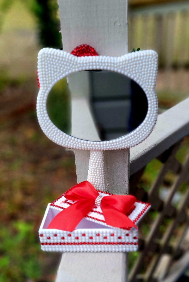 Handset Rhinestoned Hello Kitty desk mirror and 3D printed keepsake box