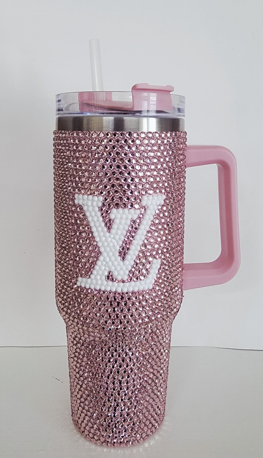 40 oz tumbler with handle and straw Rhinestoned