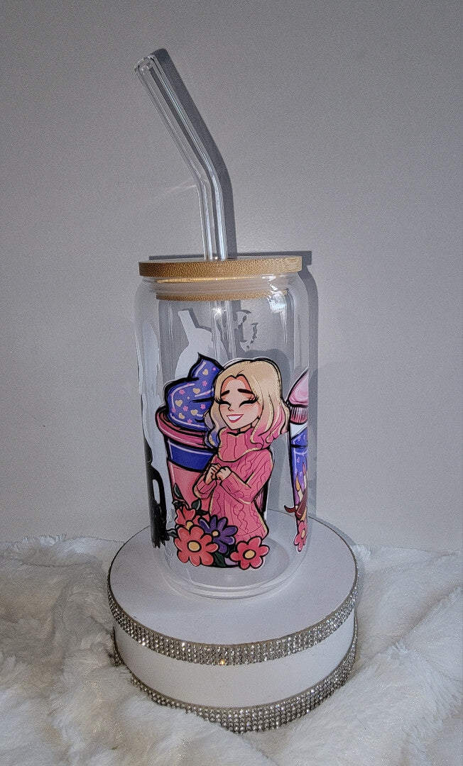 glass tumbler with lid and straw