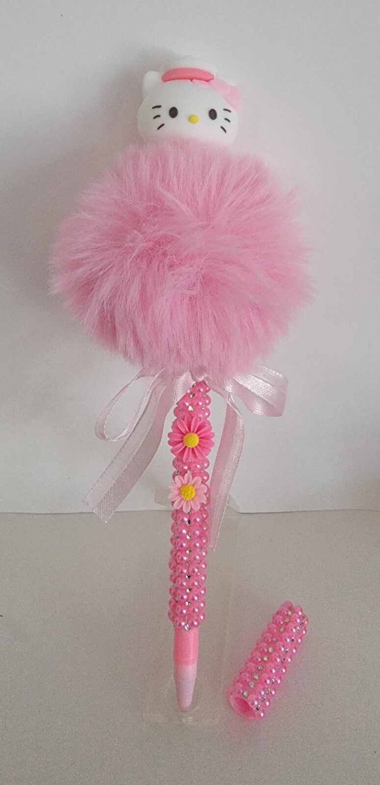 Handmade Hello Kitty Rhinestone wrapped pom pom writing pen