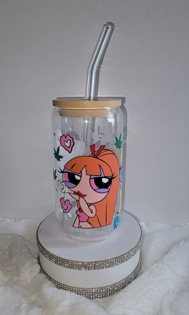 glass tumbler with lid and straw