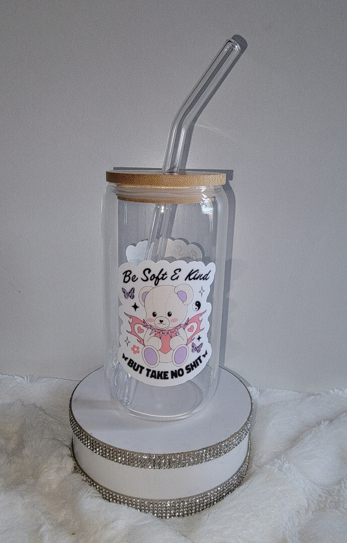 glass tumbler with lid and straw