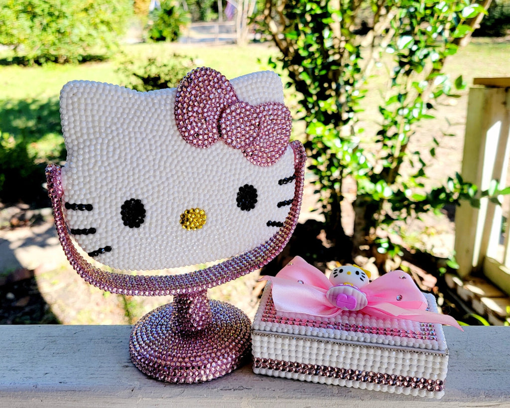 Handset Rhinestoned Hello Kitty desk mirror and 3D printed keepsake box