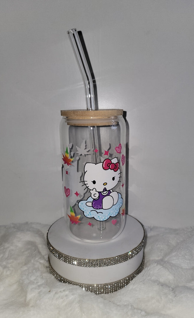 glass tumbler with lid and straw
