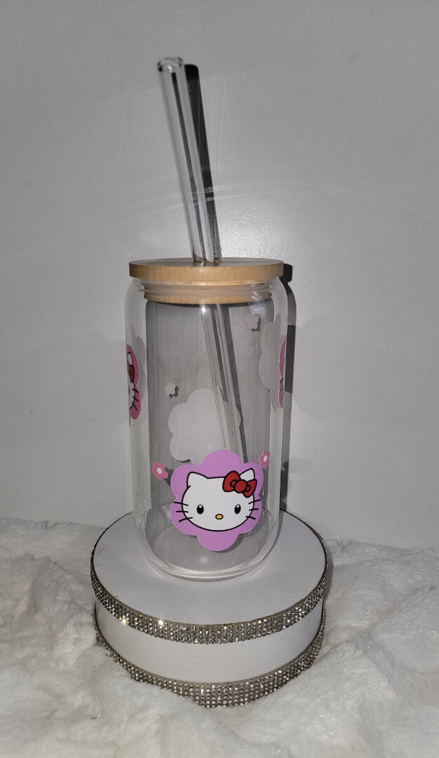glass tumbler with lid and straw