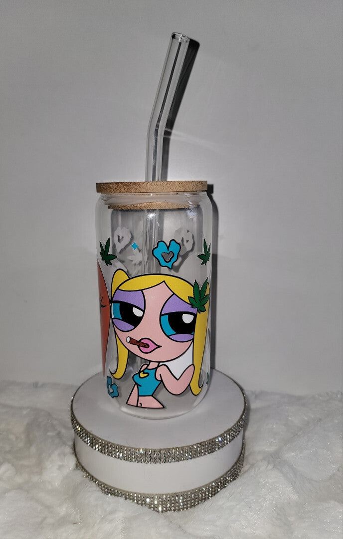 glass tumbler with lid and straw
