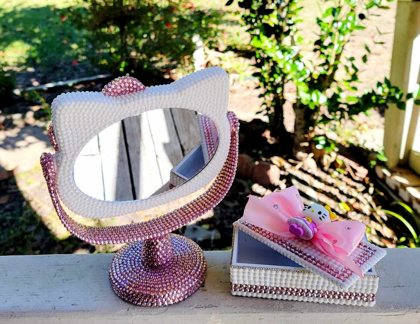 Handset Rhinestoned Hello Kitty desk mirror and 3D printed keepsake box