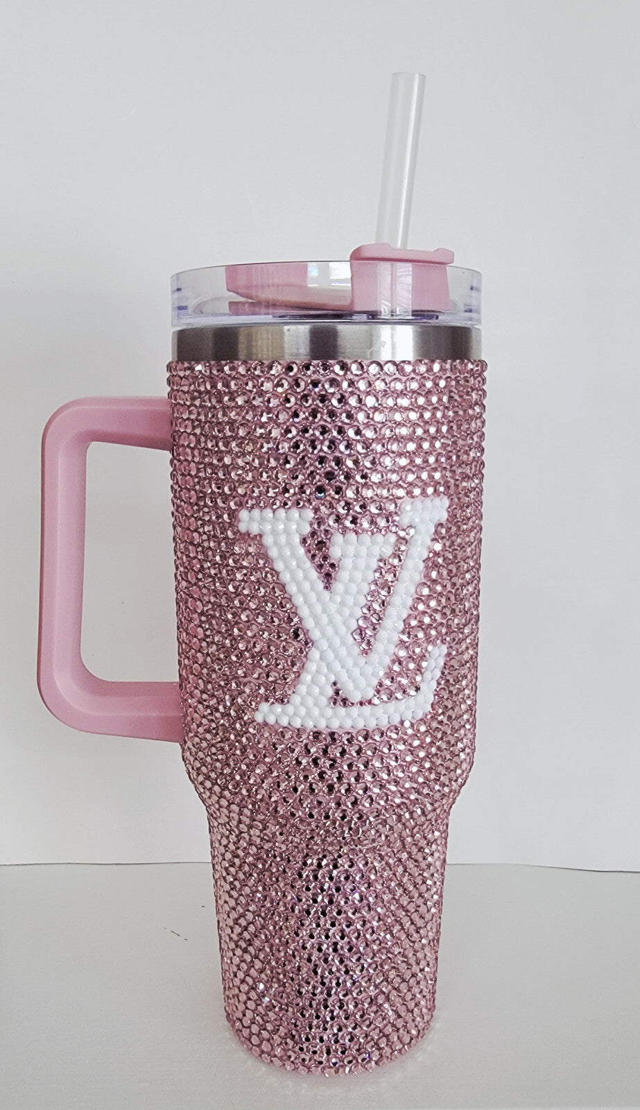 40 oz tumbler with handle and straw Rhinestoned
