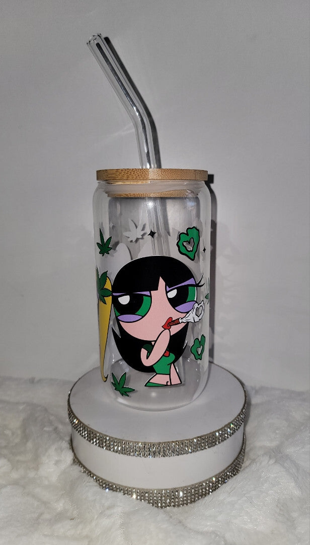glass tumbler with lid and straw