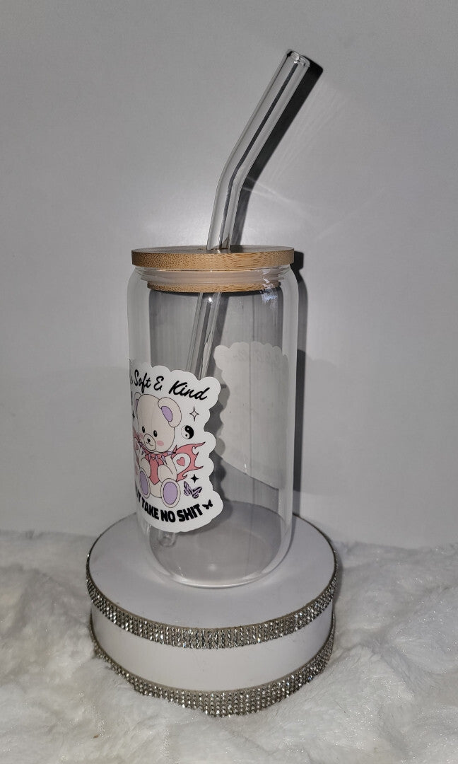 glass tumbler with lid and straw